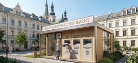 Wizualizacja architektoniczna Punktu Cyrkularnego w Cieszynie. Kobieta segreguje odzież przy nowoczesnym, przeszklonym pawilonie na dziedzińcu zabytkowych kamienic. W tle widoczne wieże kościoła.