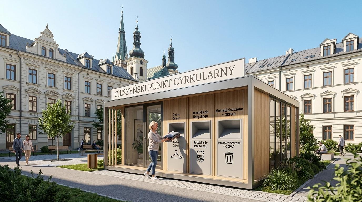 Wizualizacja architektoniczna Punktu Cyrkularnego w Cieszynie. Kobieta segreguje odzież przy nowoczesnym, przeszklonym pawilonie na dziedzińcu zabytkowych kamienic. W tle widoczne wieże kościoła.